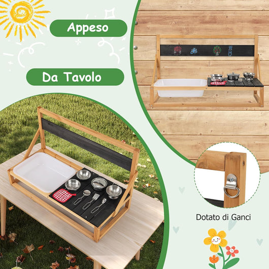 Cucina Giocattolo per Giardino in Legno di Abete, Cucina per Fango da Esterno per Bambini con Ganci, Lavagna e Lavandino, Set Cucina con 9 Accessori, 81 x 36 x 49 cm, per Bambini 3+ Anni