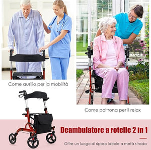 Deambulatore con Seduta 2 in 1, Rollator Pieghevole, Deambulatore per Anziani con 4 Ruote, Maniglie Regolabili Freni, con Doppia Funzione Schienale Reversibile e Borsa Portaoggetti (Rosso)