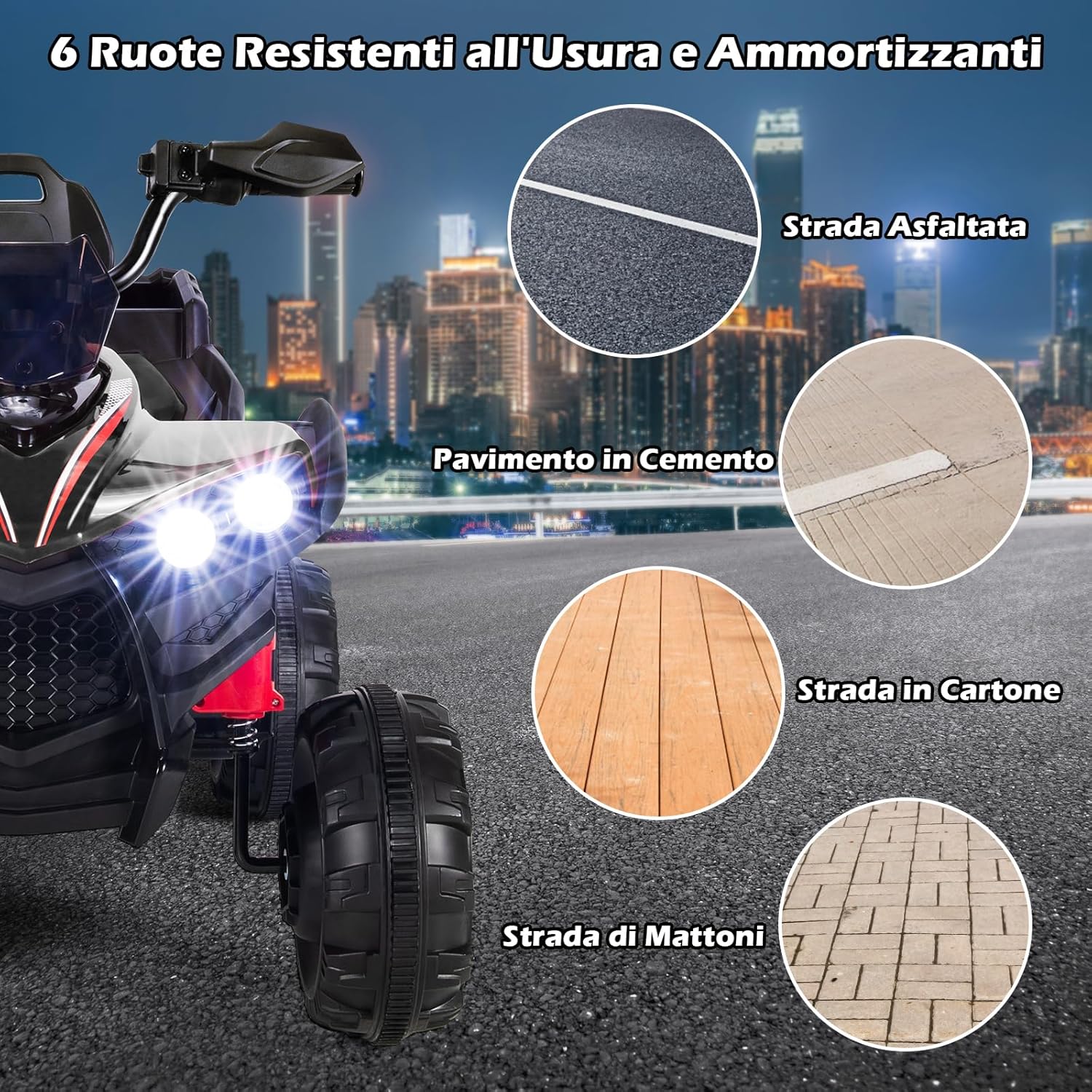 12V Quad Elettrico per Bambini, Macchina Elettrica per Bambini con 6 Ruote 4 Motori Baule Posteriore Luci LED e Musica, Trazione Integrale, 3-6 km/h, 3 Anni+ (Nero)