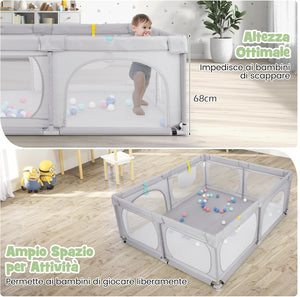 Recinto per Bambini, Box per Bambini con Rete Traspirante, Centro Attività per Bambini con 50 Palline, Box Giochi per Bambini 0-3 Anni (Grigio, 189 x 158 cm)