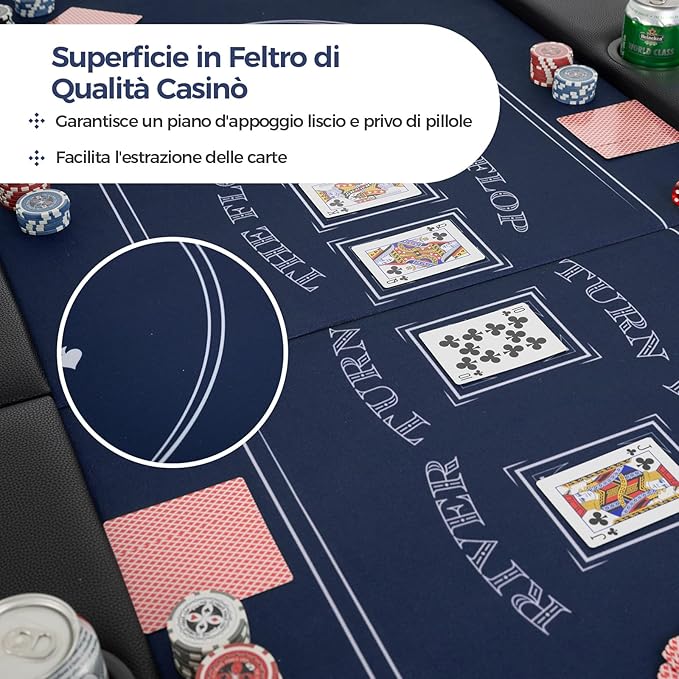 Tavolo da Poker Pieghevole 182 cm per 8 Giocatori, Tavolo da Gioco Ovalo con Supporti per Bicchieri, Rivestimenti Imbottiti, per Blackjack, Texas Hold’em, Giochi da Casinò (Blu)