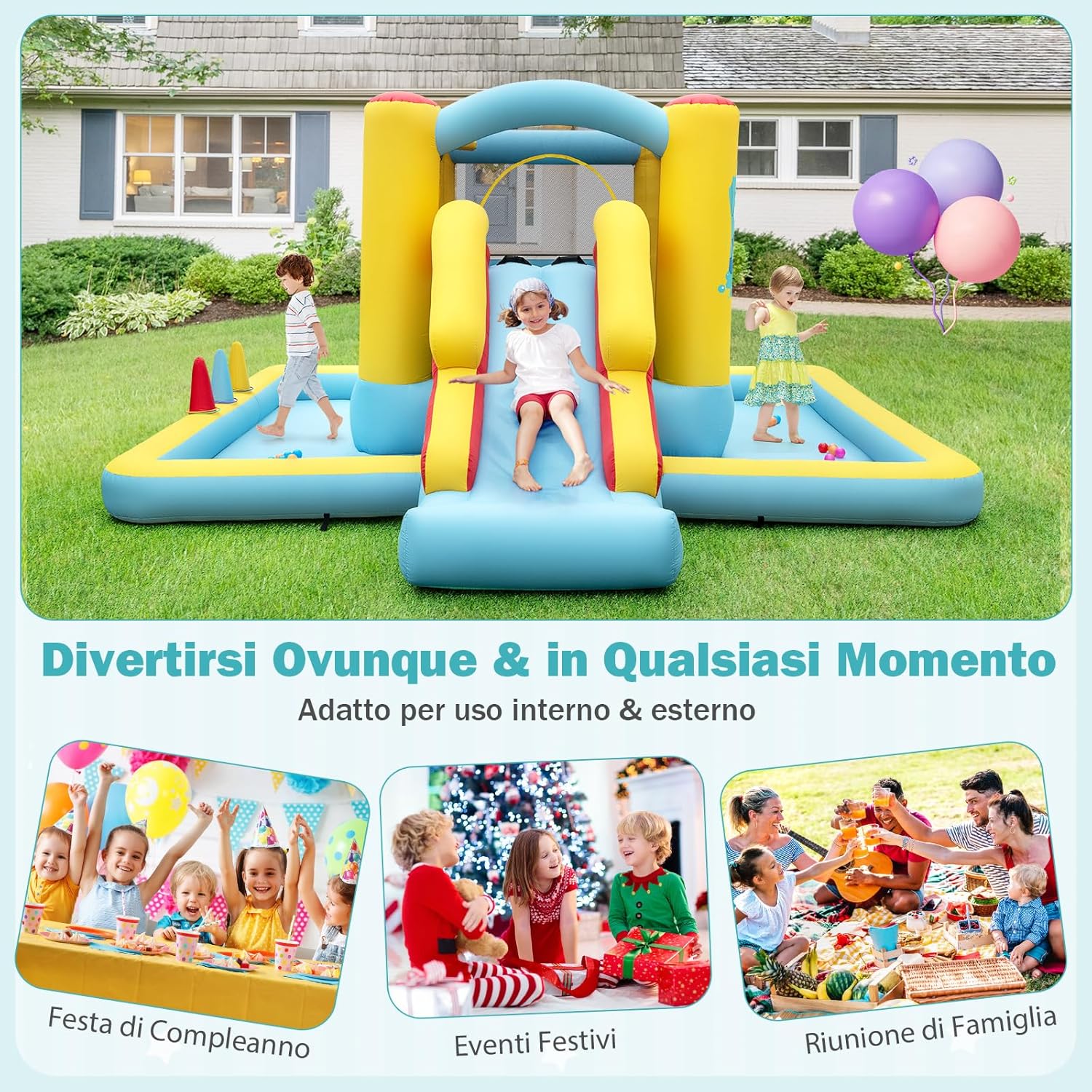Castello Gonfiabile 7 in 1 per Bambini con Scivolo, Castello Gonfiabile con Mongolfiera, 50 Palline, Anelli e Basket, Gioco Gonfiabile da Interno ed Esterno, per Bambini da 3 a 10 Anni