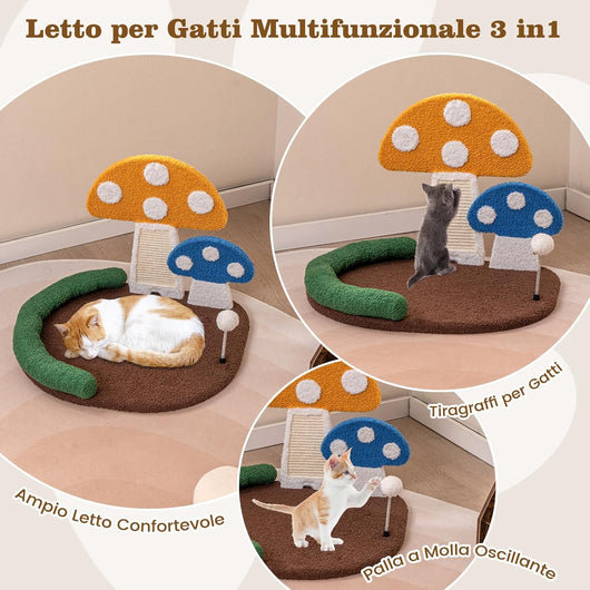 Tiragraffi per Gatti a Forma di Fungo, Lettino Moderno in Sisal con Piattaforma Ampia e Confortevole,Pallina e Poggiatesta Imbottito, Cuccia Gatti Interno
