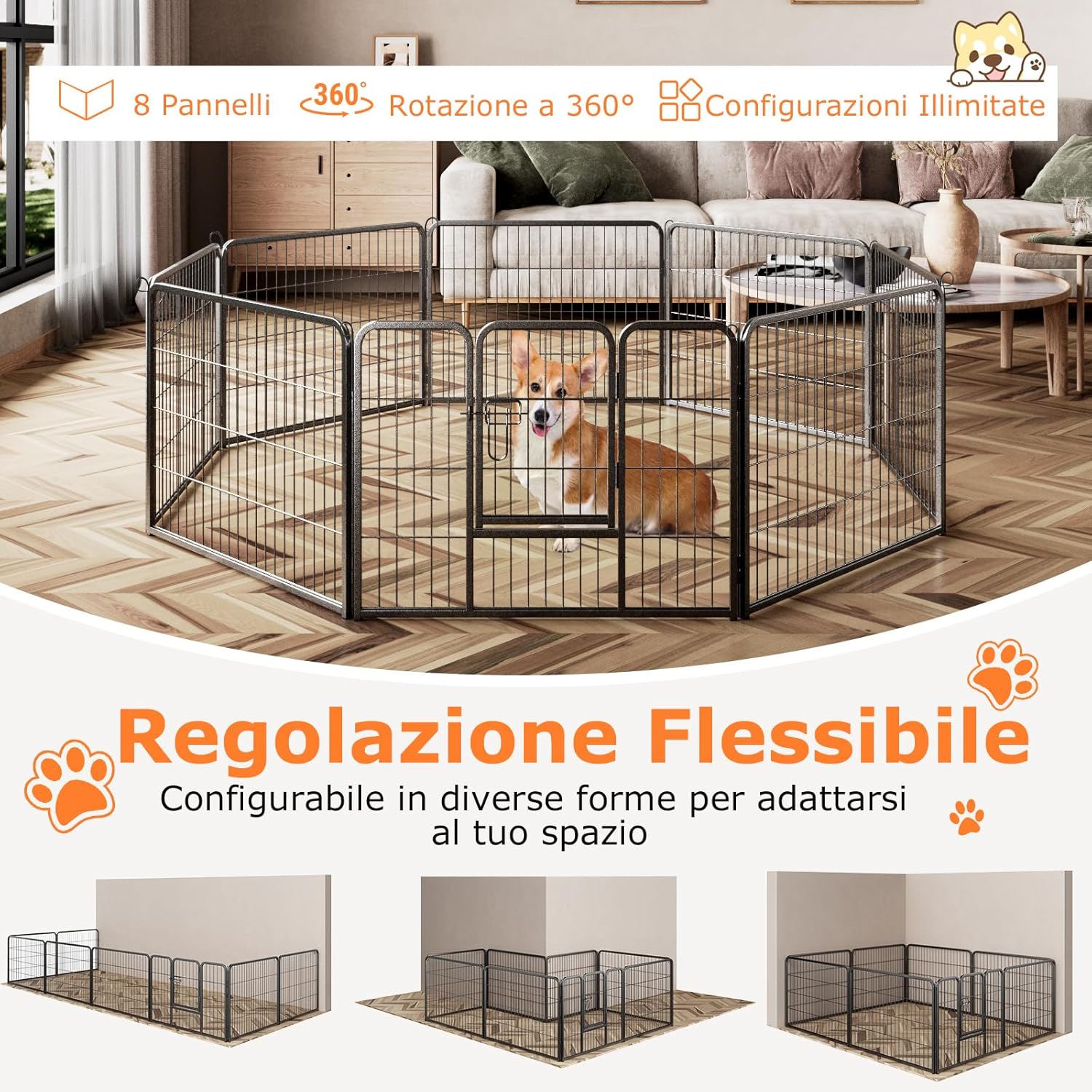 Recinto per Cani Interno ed Esterno, 8 Pannelli Altezza 60/80 CM Recinzione per Piccoli/Medi Animali/Coniglio/Gatto, Cancelletto Portatile Pieghevole con Porta (190 x 60 cm)