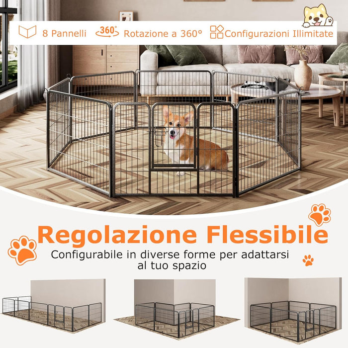 Recinto per Cani Interno ed Esterno, 8 Pannelli Altezza 60/80 CM Recinzione per Piccoli/Medi Animali/Coniglio/Gatto, Cancelletto Portatile Pieghevole con Porta (190 x 60 cm)
