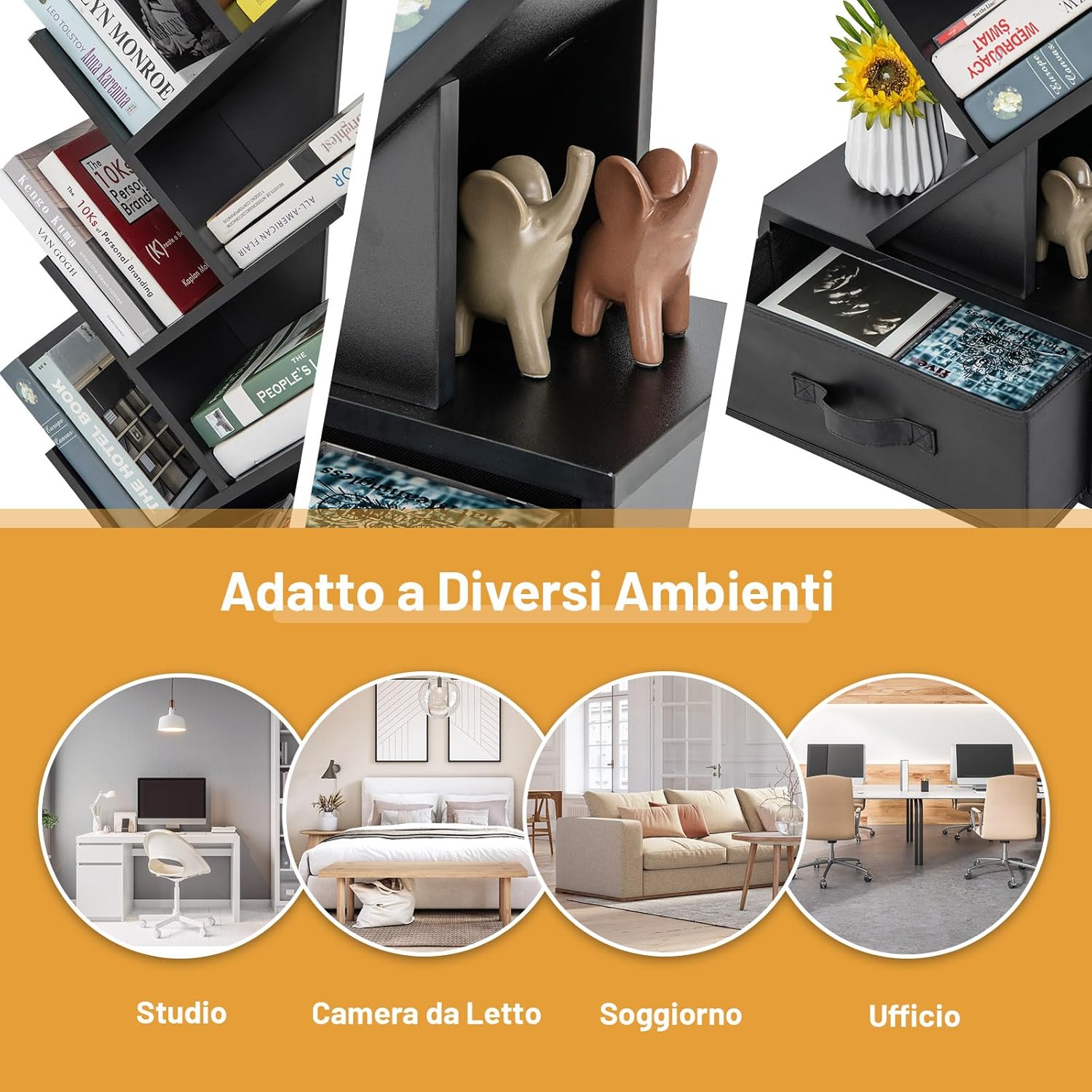 Libreria ad Albero in Legno, Scaffale a 10 Ripiani con Cassetto, Portaoggetti Autoportante per Soggiorno, Studio e Ufficio, 38 x 21,5 x 149,5 cm (Nero)