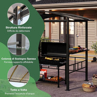 Gazebo Barbecue 248 x 150 x 232 cm, Gazebo con Struttra in Metallo con Tetto in Policarbonato Ventilato, Mesnole Laterali e Ganci, Tenda per Giardino, Patio e Cortile
