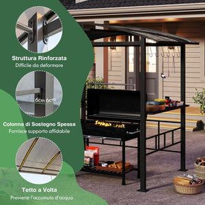 Gazebo Barbecue 248 x 150 x 232 cm, Gazebo con Struttra in Metallo con Tetto in Policarbonato Ventilato, Mesnole Laterali e Ganci, Tenda per Giardino, Patio e Cortile