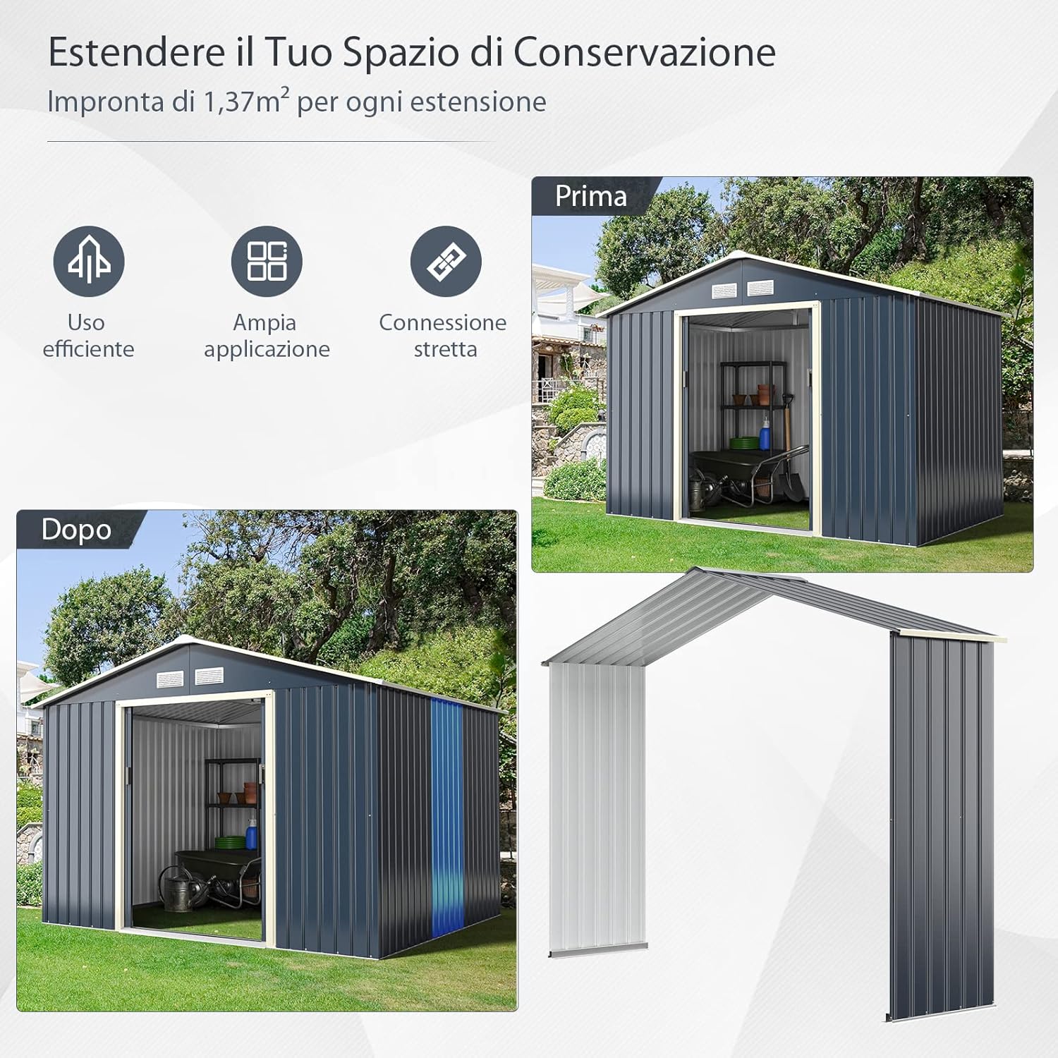 Casetta da Giardino Porta Attrezzi in Lamiera Acciaio Zincato, Capanno da Esterno con Tettoia, Sfilati e Ante Scorrevoli, per Cortile, Giardino e Fattoria (267 x 64 x 202 cm per Estensione)