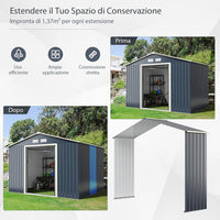 Casetta da Giardino Porta Attrezzi in Lamiera Acciaio Zincato, Capanno da Esterno con Tettoia, Sfilati e Ante Scorrevoli, per Cortile, Giardino e Fattoria (267 x 64 x 202 cm per Estensione)