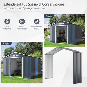 Casetta da Giardino Porta Attrezzi in Lamiera Acciaio Zincato, Capanno da Esterno con Tettoia, Sfilati e Ante Scorrevoli, per Cortile, Giardino e Fattoria (267 x 64 x 202 cm per Estensione)