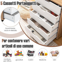 Cassettiera da Ufficio con 5 Cassetti e Ruote, Mobiletto Multiuso per Documenti e Cosmetici, Comodino con Ruote per Camera da letto Studio Ufficio e Soggiorno (Naturale)