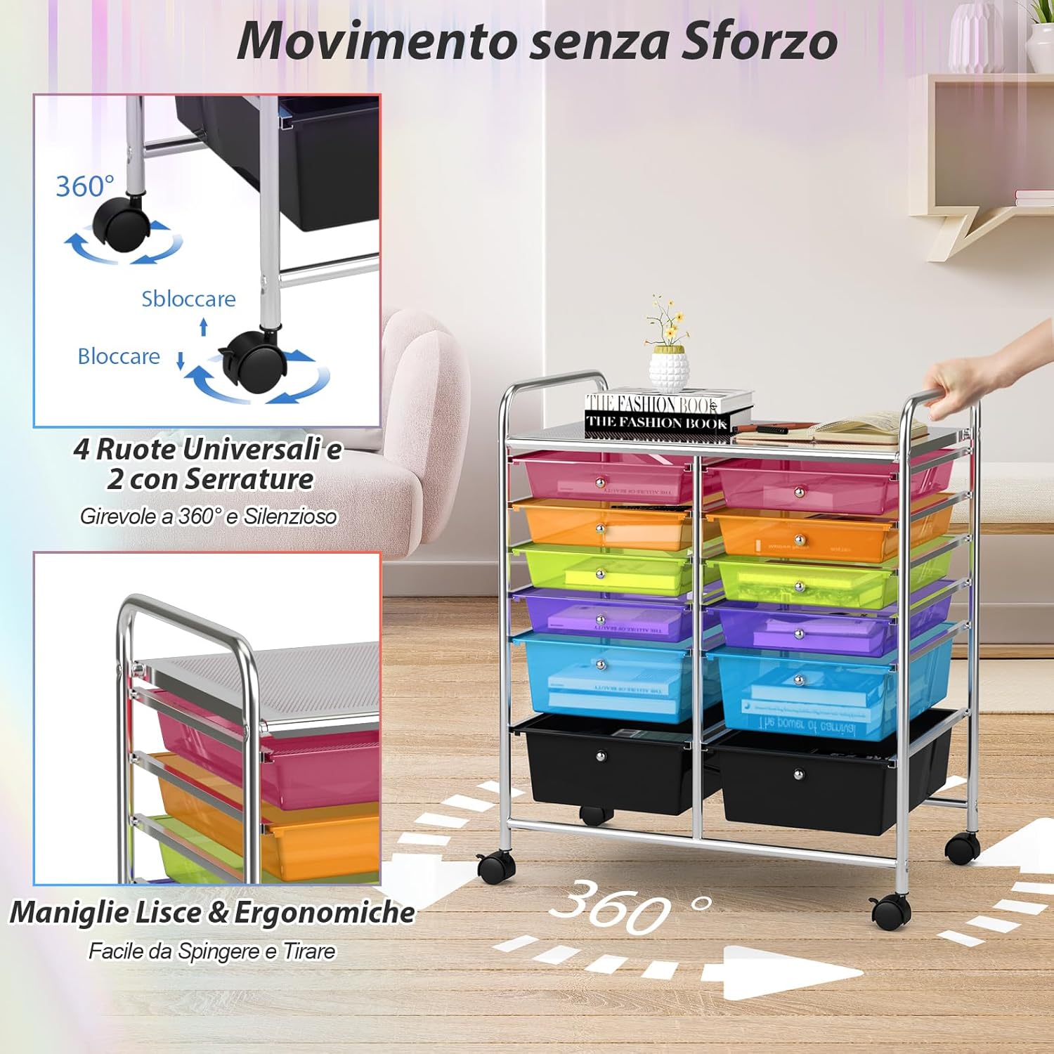 Carrello con 12 Cassetti con Ruote, Ideale per Ufficio e Domestico, 73,5 x 37 x 63 cm (Colorato trasparente)