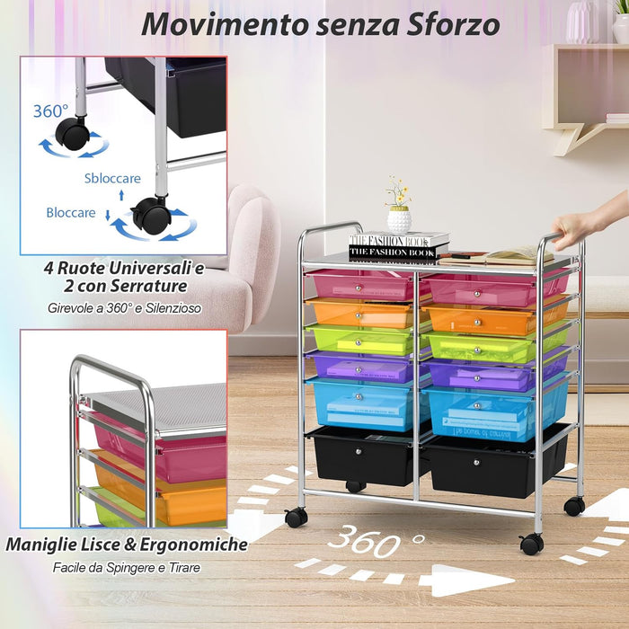 Carrello con 12 Cassetti con Ruote, Ideale per Ufficio e Domestico, 73,5 x 37 x 63 cm (Colorato trasparente)