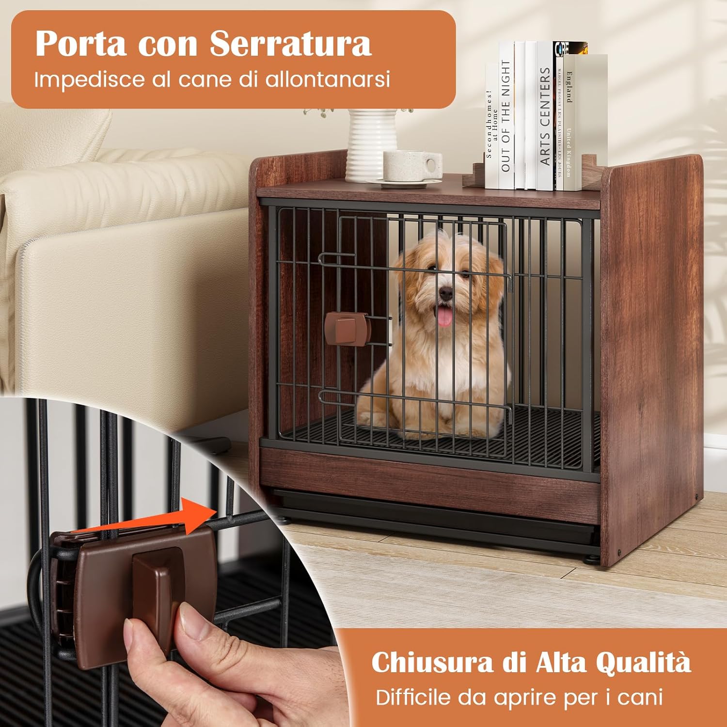 Gabbia per Cani, Cuccia per Cani da Interno con Vassoio Rimovibile e Porta Bloccabile, Casetta per Cani di Taglia Piccola e Media, 62 x 49,5 x 61 cm, Marrone