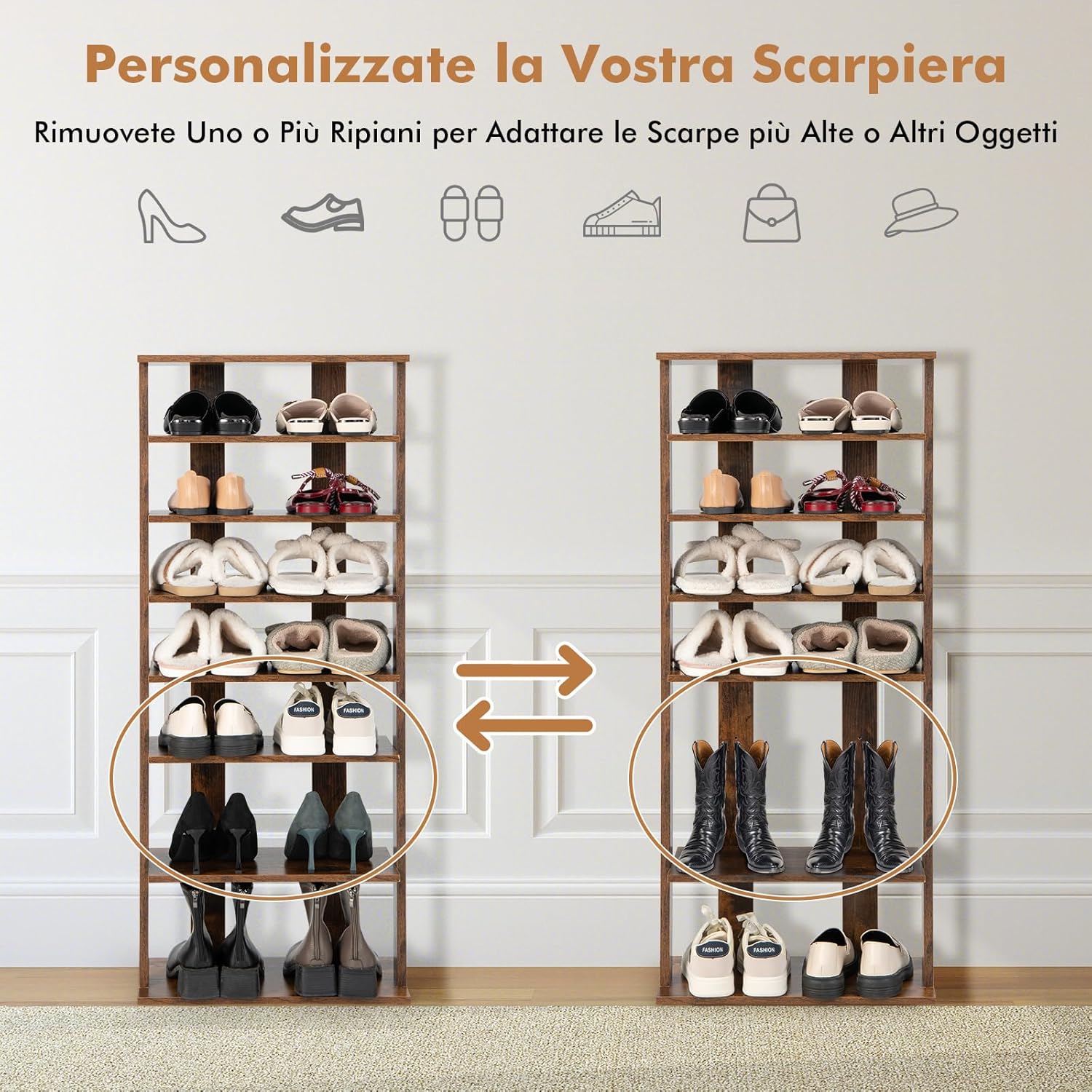 Scarpiera Verticale a 7 Livelli, Organizer per Scarpe in Stile Retrò, con Pannello Rimovibile, Scaffale per Scarpe per Corridoio Ingresso Armadio, 45x25x110 cm (Marrone)