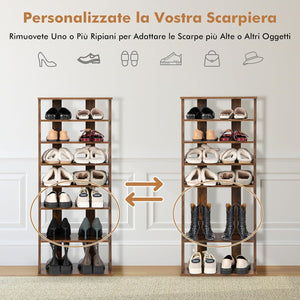 Scarpiera Verticale a 7 Livelli, Organizer per Scarpe in Stile Retrò, con Pannello Rimovibile, Scaffale per Scarpe per Corridoio Ingresso Armadio, 45x25x110 cm (Marrone)