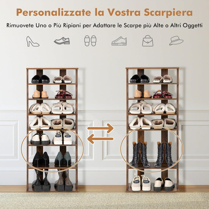 Scarpiera Verticale a 7 Livelli, Organizer per Scarpe in Stile Retrò, con Pannello Rimovibile, Scaffale per Scarpe per Corridoio Ingresso Armadio, 45x25x110 cm (Marrone)