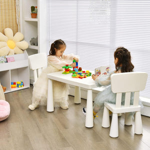 Set Tavolo e Sedie per Bambini 1-7 Anni, 2 Sedie Ergonomiche con Schienale, Materiale PP Atossico e Inodore, Angoli Arrotondati, Adatto per Giocare, Disegnare e Leggere, Portata 50kg (Bianco)