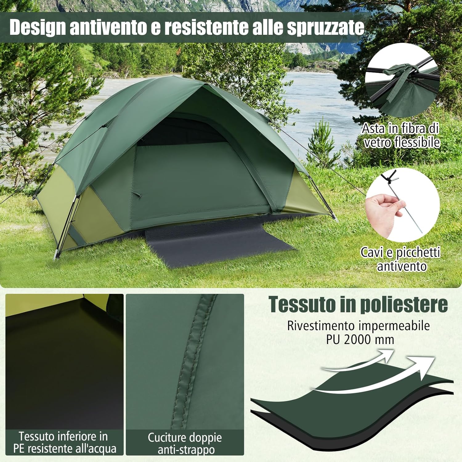 Tenda Impermeabile, Tenda Campeggio per 2 Personea, Tenda Cupola Ultraleggera Antivento, 4 Finestre a Rete, Tenda Zaino in Spalla Facile da Installare,Ideale per Campeggio, Verde