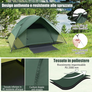 Tenda Impermeabile, Tenda Campeggio per 2 Personea, Tenda Cupola Ultraleggera Antivento, 4 Finestre a Rete, Tenda Zaino in Spalla Facile da Installare,Ideale per Campeggio, Verde