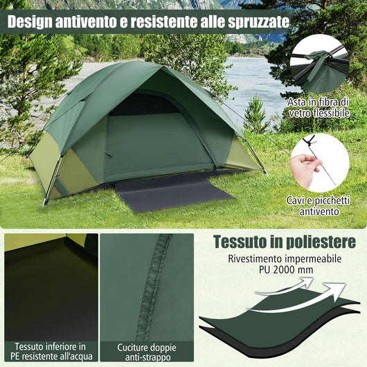 Tenda Impermeabile, Tenda Campeggio per 2 Personea, Tenda Cupola Ultraleggera Antivento, 4 Finestre a Rete, Tenda Zaino in Spalla Facile da Installare,Ideale per Campeggio, Verde