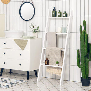 Scaffale di Stoccaggio in Legno di Pino, Porta Asciugamani a 4 Livelli per Bagno, Porta Salviette, Multiuso per Bagno Soggiorno (Bianco, 51 x 8 x 137 cm)