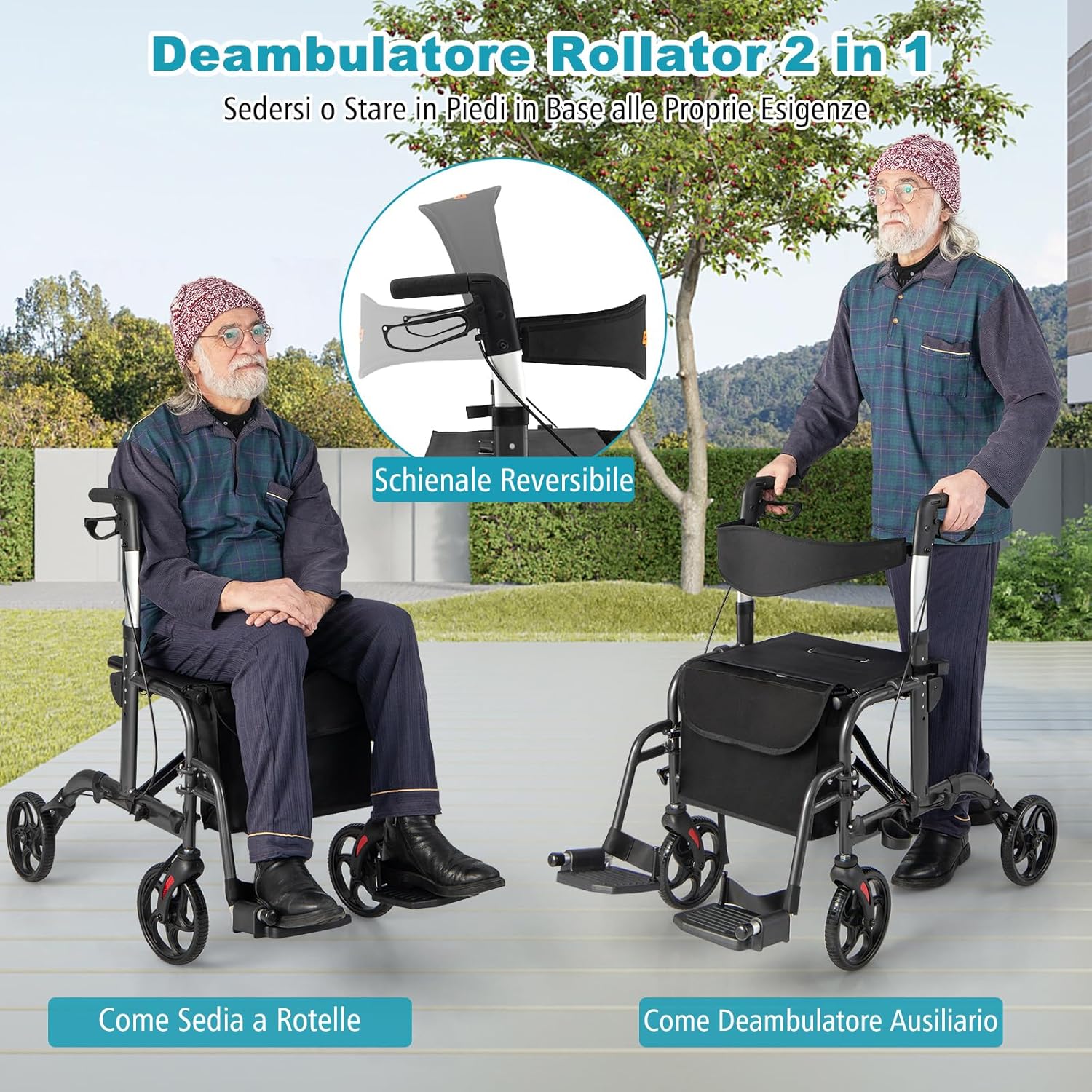 Deambulatore Multiuso 2 in 1, Deambulatore per Anziani in Alluminio con Altezza Regolabile a 6 Livelli, Poggiapiedi Pieghevole (Nero)