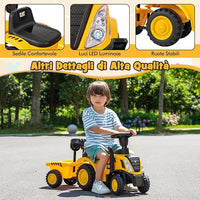 Trattore Cavalcabile per Bambini, Trattore Scorrevole con Rimorchio Staccabile Pala e Rastrello, 6 Ruote Suono e Luci, Ideale per Bambini 1,5-3 Anni