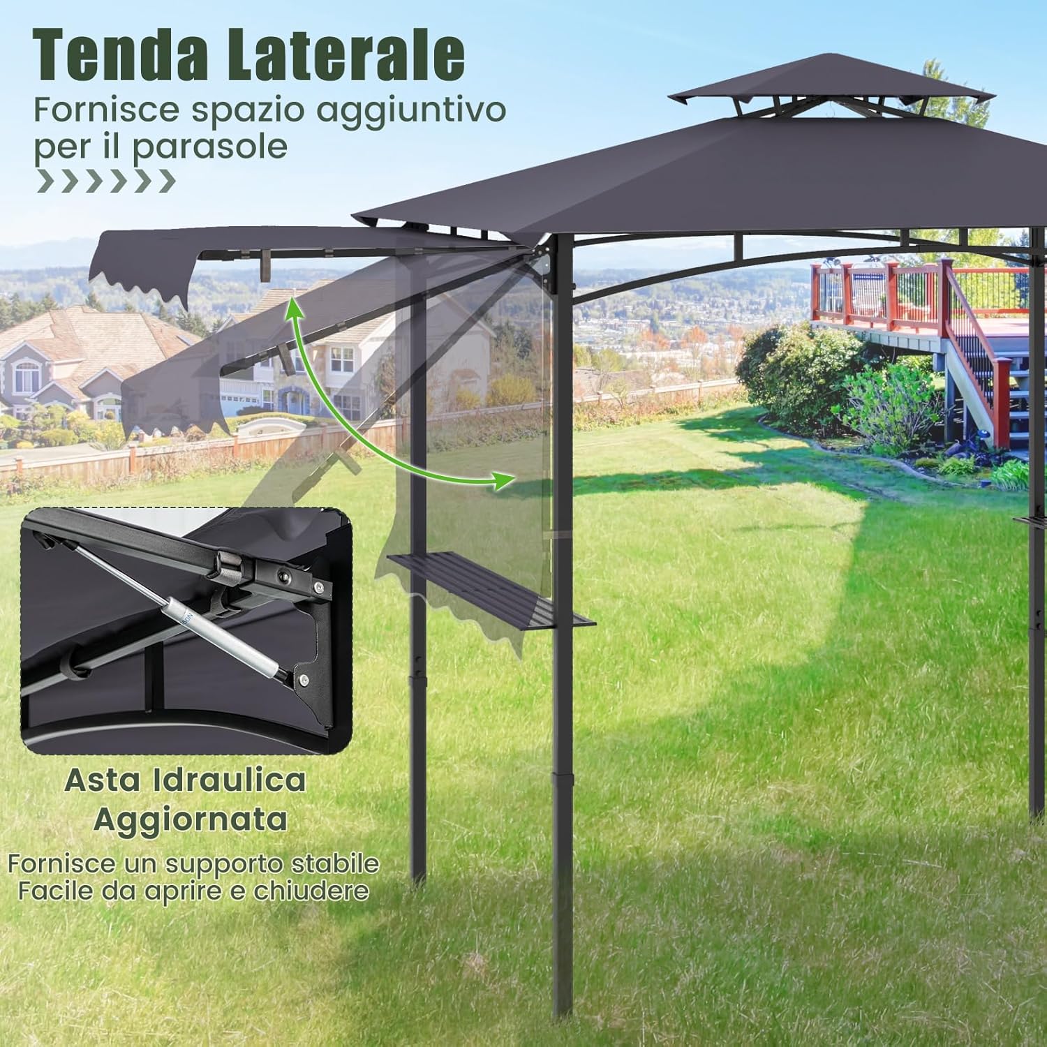 Gazebo per Barbecue, Pergola per BBQ con Tendalino Laterale, Tetto a 2 Livelli, 2 Ripiani Laterali, Ganci Appesi, Apribottiglie, per Giardino e Cortile, 318 x 153 x 250 cm (Grigio Scuro)