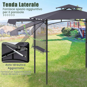 Gazebo per Barbecue, Pergola per BBQ con Tendalino Laterale, Tetto a 2 Livelli, 2 Ripiani Laterali, Ganci Appesi, Apribottiglie, per Giardino e Cortile, 318 x 153 x 250 cm (Grigio Scuro)