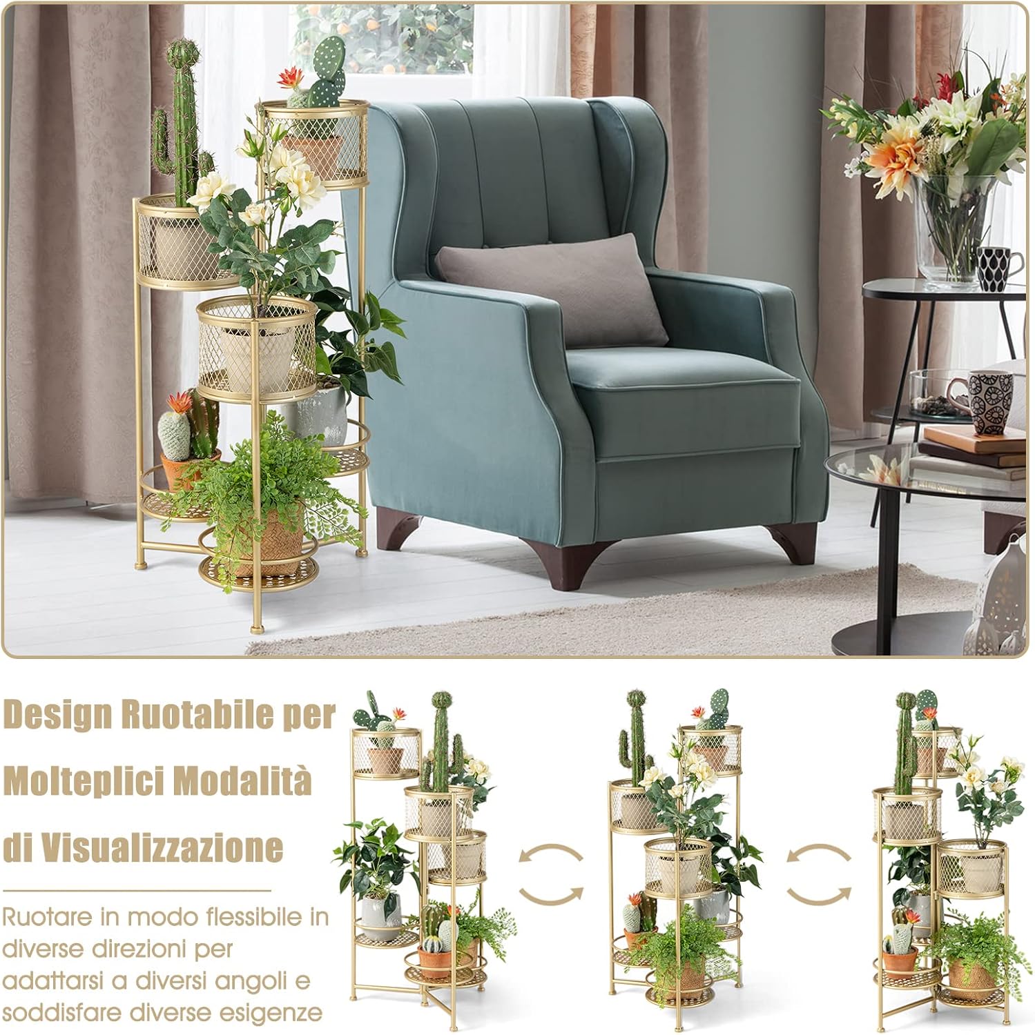 Porta Piante da Interno Pieghevole, Scaffale per Piante e Fiori in Metallo a 6 Livelli,Porta Vasi Salvaspazio da Balcone e Salotto, 41 x 39 x 82 cm (Oro)