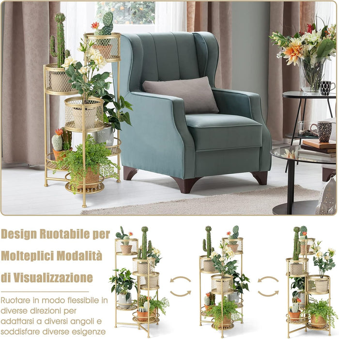 Porta Piante da Interno Pieghevole, Scaffale per Piante e Fiori in Metallo a 6 Livelli,Porta Vasi Salvaspazio da Balcone e Salotto, 41 x 39 x 82 cm (Oro)