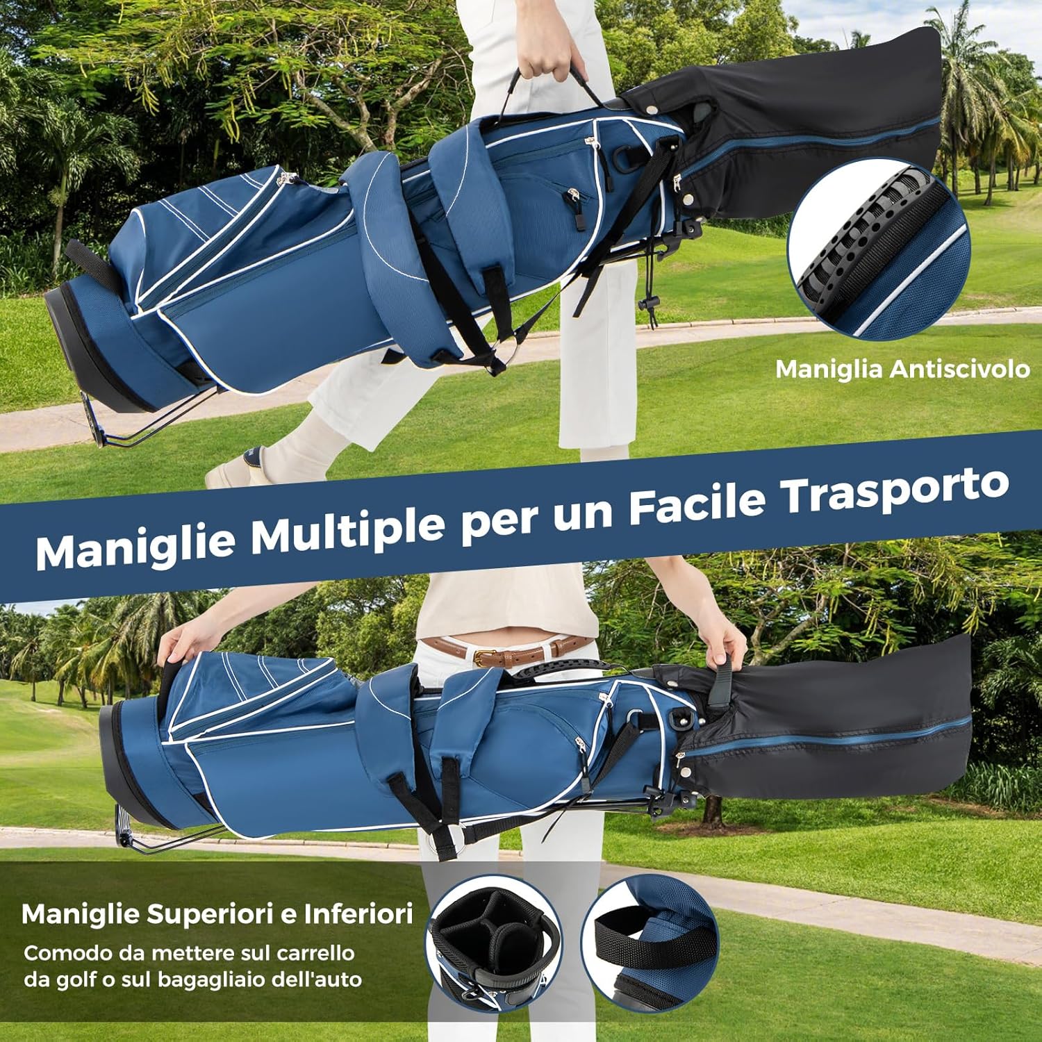 Sacca da Golf con Supporto, Borsa da Golf a 4 Scomparti con 4 Tasche con Cerniera, Borsa Frigo, Tracolla Doppia, Cappuccio Antipioggia, Supporto per Ombrellone