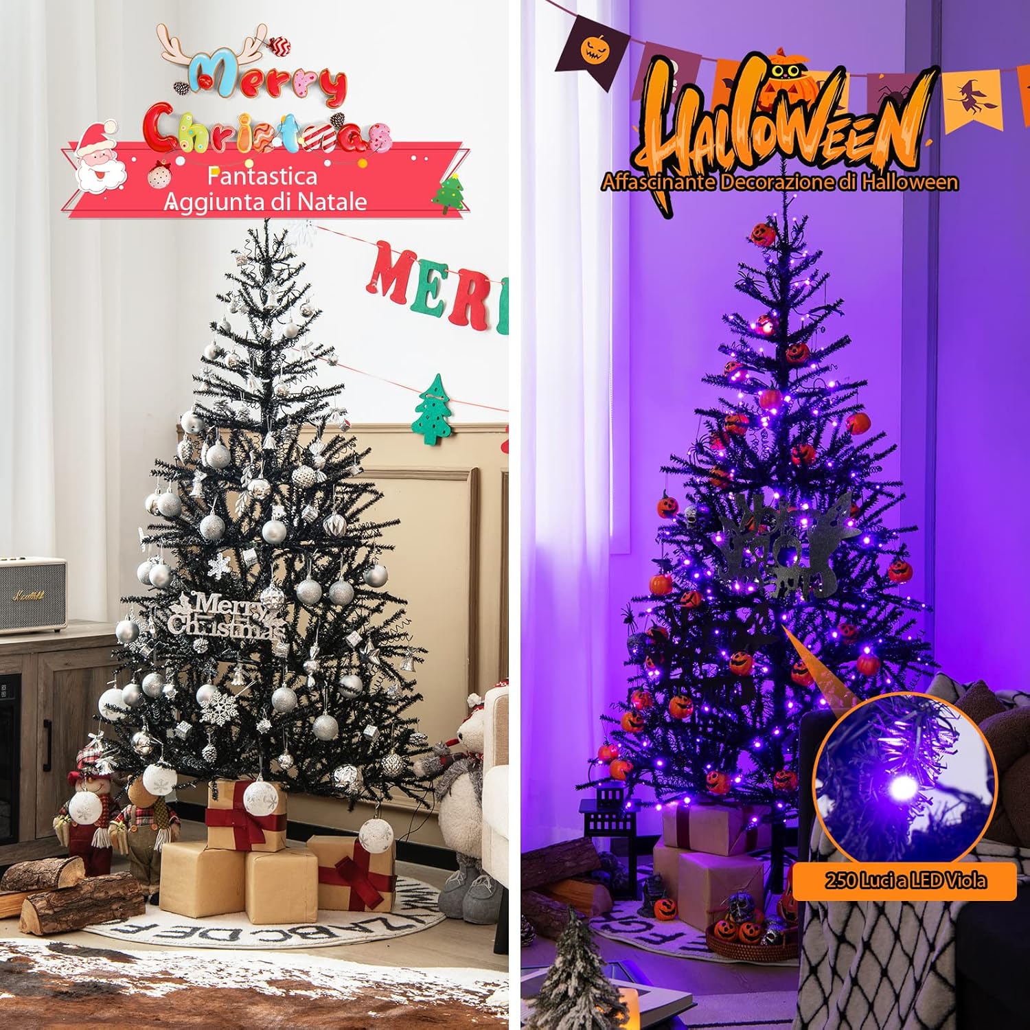 Albero di Natale Nero 183 cm, Albero di Natale Halloween con 791 Punte di Rami in PVC, 250 Luci LED e Ornamenti, Albero di Natale Artificiale con Luci per Casa, Ufficio e Scuola