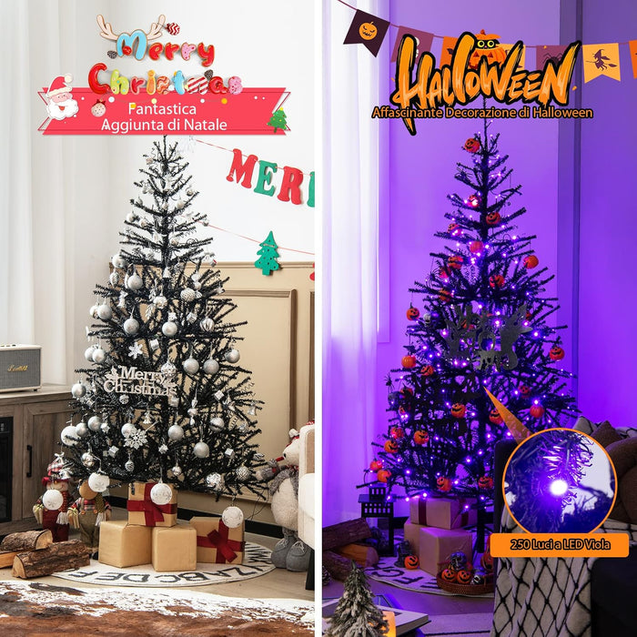 Albero di Natale Nero 183 cm, Albero di Natale Halloween con 791 Punte di Rami in PVC, 250 Luci LED e Ornamenti, Albero di Natale Artificiale con Luci per Casa, Ufficio e Scuola