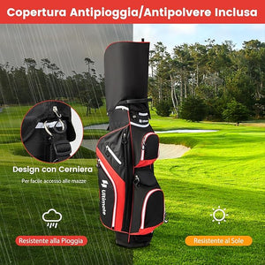 Borsa da Golf con Divisori Superiori a 14 Vie, 9 Tasche, Tasca Termica, Tasca per Scarpe, Porta Ombrello, Doppia Tracolla e Cappuccio Antipioggia, Sacca da Golf per Uomo e Donna