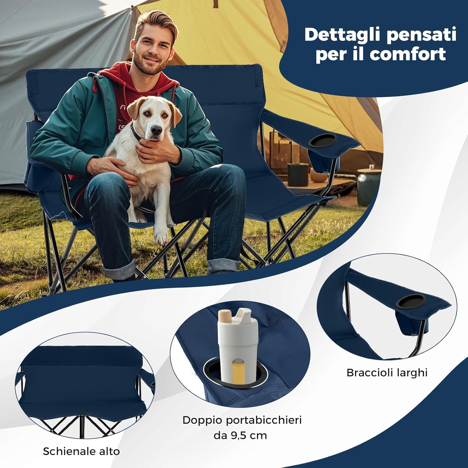Sedia da Campeggio Doppia, Poltrona Pieghevole per 2 Persone con Portabicchieri, Borsa per il Trasporto, Sedia da Giardino Portatile per Spiaggia, Picnic, Pesca, Portata 300 kg (Blu)