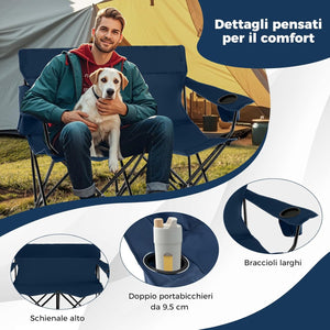 Sedia da Campeggio Doppia, Poltrona Pieghevole per 2 Persone con Portabicchieri, Borsa per il Trasporto, Sedia da Giardino Portatile per Spiaggia, Picnic, Pesca, Portata 300 kg (Blu)