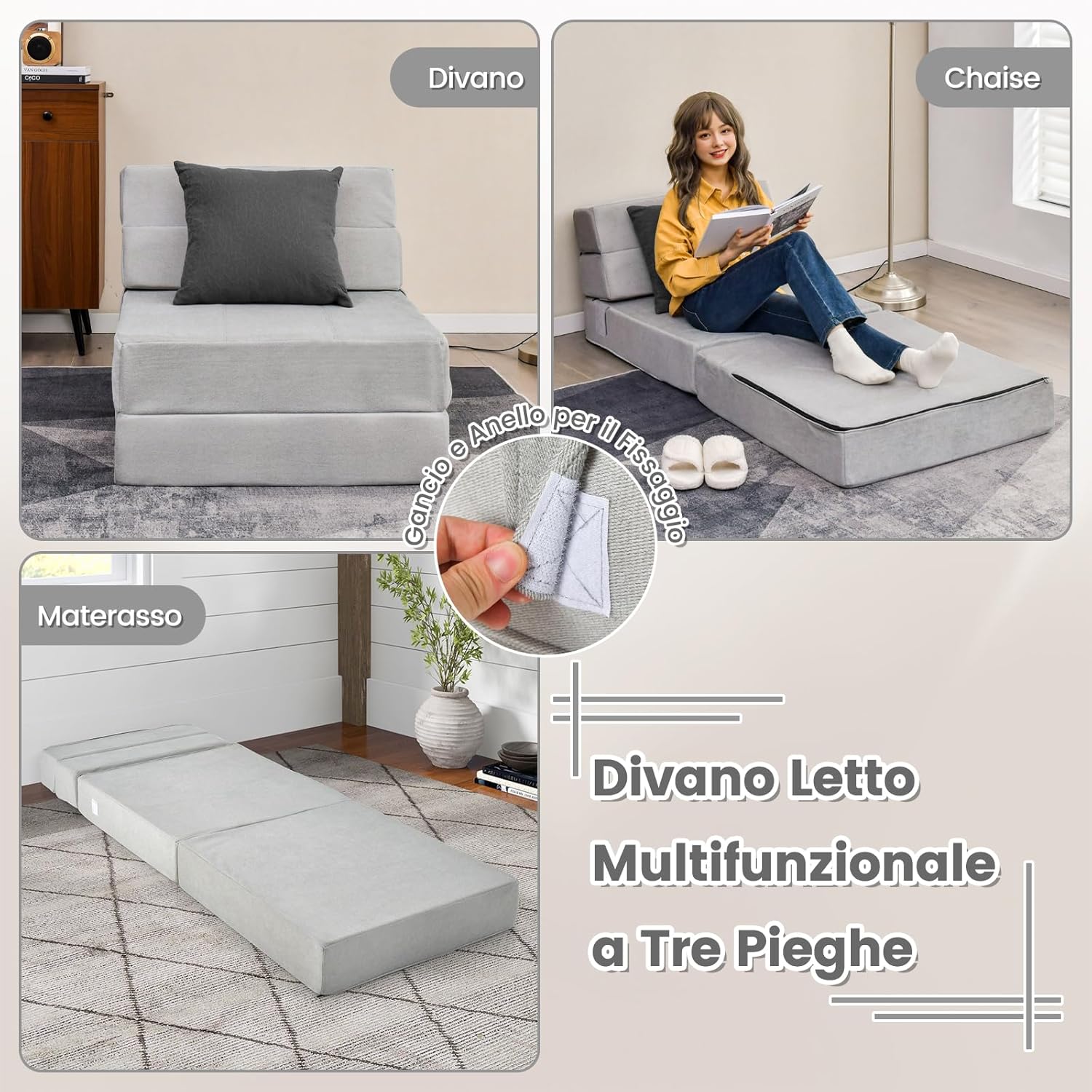 3 in 1 Divano Letto, Materasso da Pavimento 15 cm in Schiuma ad Alta Densità Traspirante, Letto Ospite Portatile per Soggiorno Camera (Grigio)