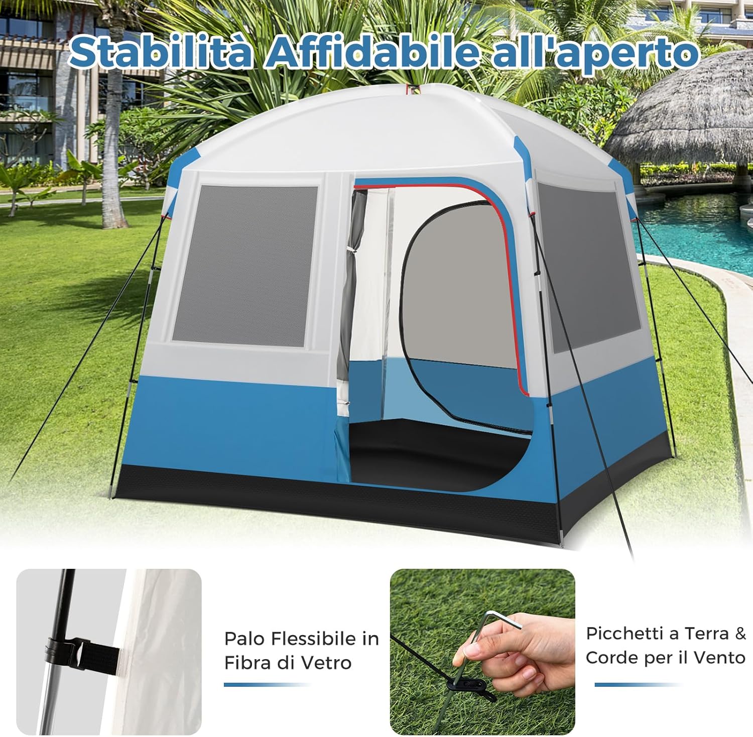 Tenda Campeggio 3-5 Persone, Tenda Doppia Porta, Tenda Anti UV Impermeabile e Antivento, Facile da Montare, per 3 Stagioni, Spiaggia Campeggio Pesca, 248 x 248 x 230 cm