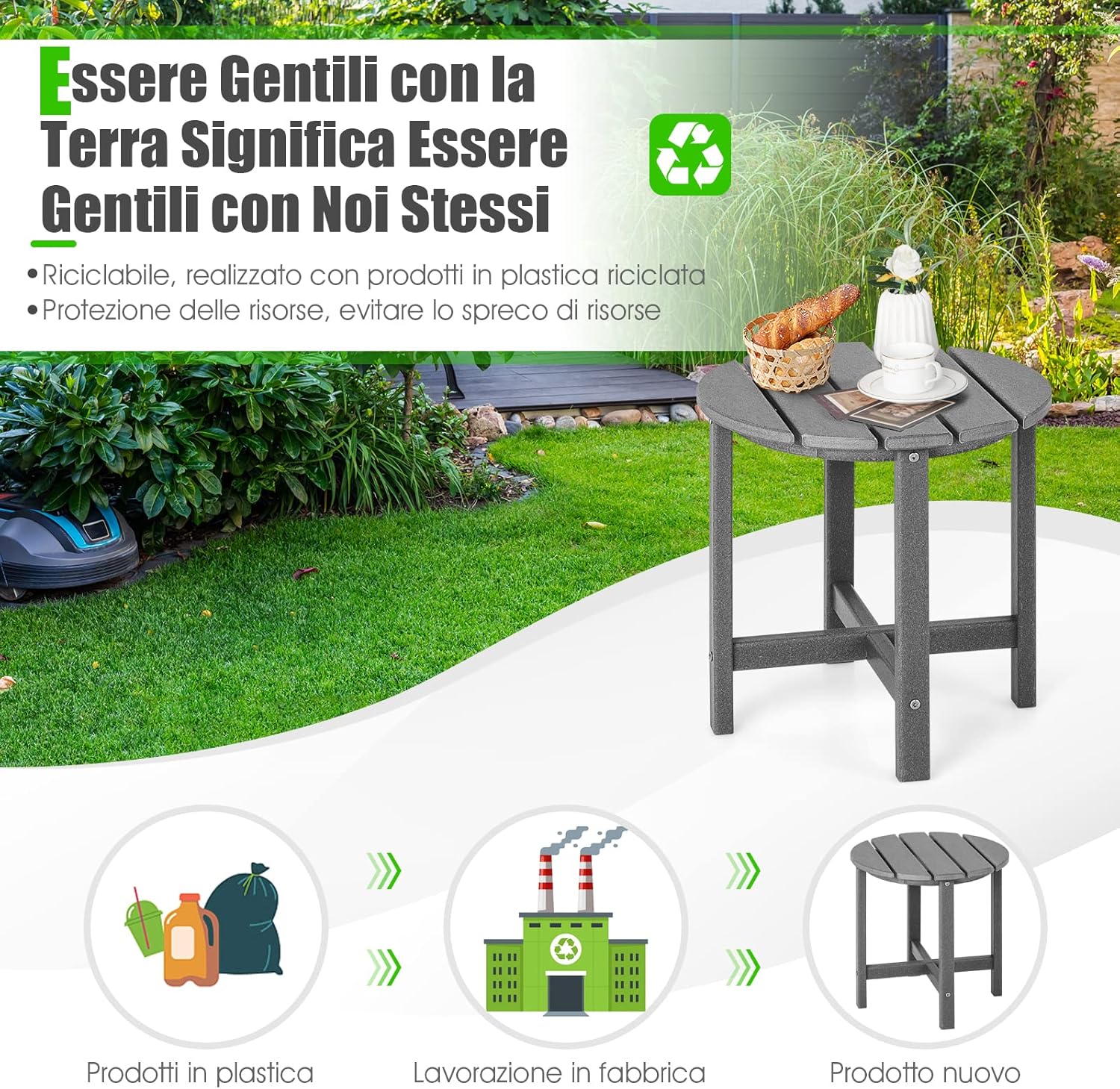 Tavolino da Giardino Rotondo per Esterno, Tavolo Adirondack in HDPE Resistente alle Intemperie, per Interno ed Esterno Patio, Portico, Giardino, Facile Manutenzione (Rotondo, Grigio)