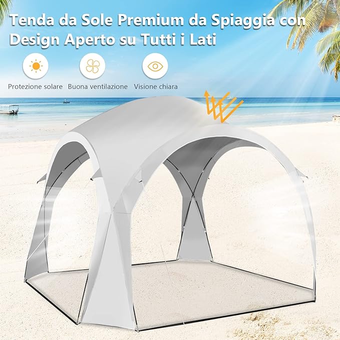 Tenda da Spiaggia per 6-8 Persone 327 x 327 cm, Tenda Parasole Portatile con Borsa, 16 Picchetti e 8 Corde, Tenda a Baldacchino per Campeggio, Cortile e Picnic
