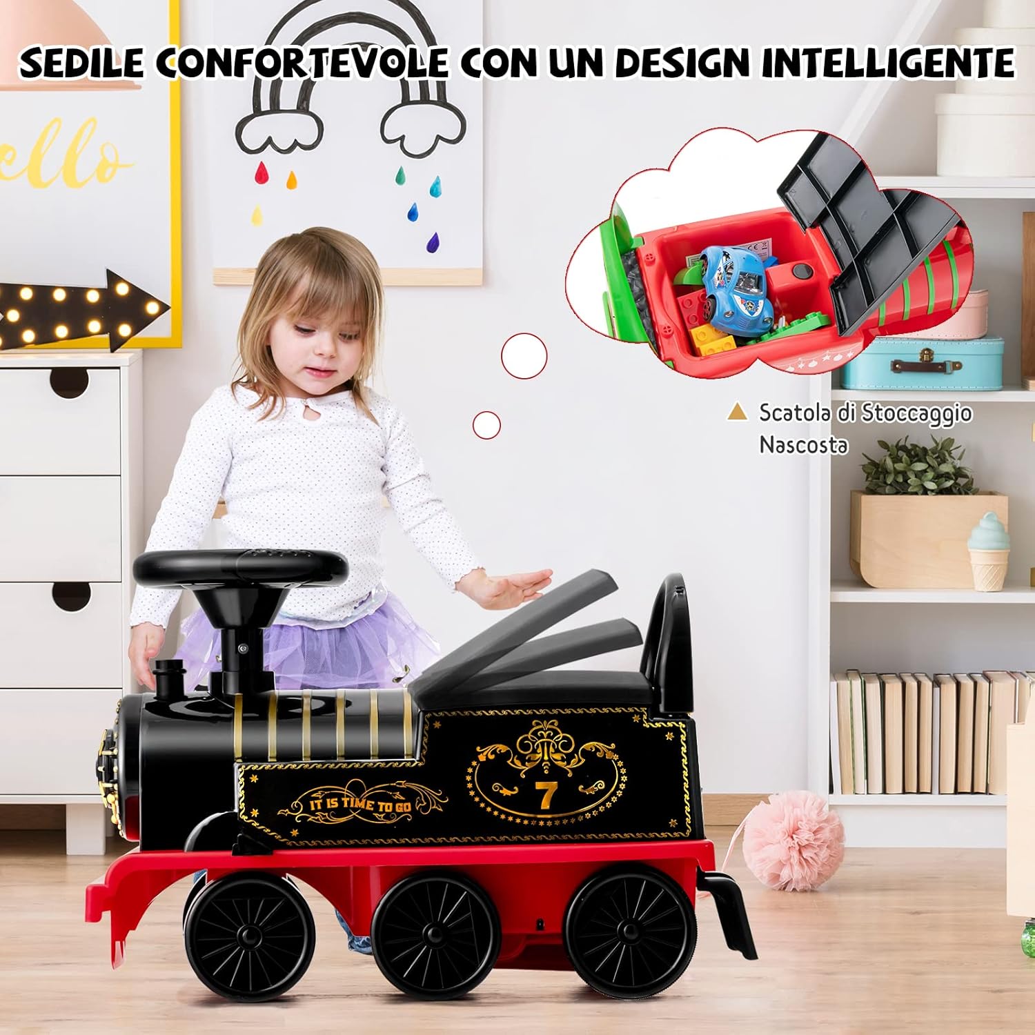 Trenino Elettrico per Bambini, Treno Giocattolo con 16 Pezzi di Binari, con Luci e Suoni, Scatola di Stoccaggio, Regalo per Bambini Anni 3+, Nero
