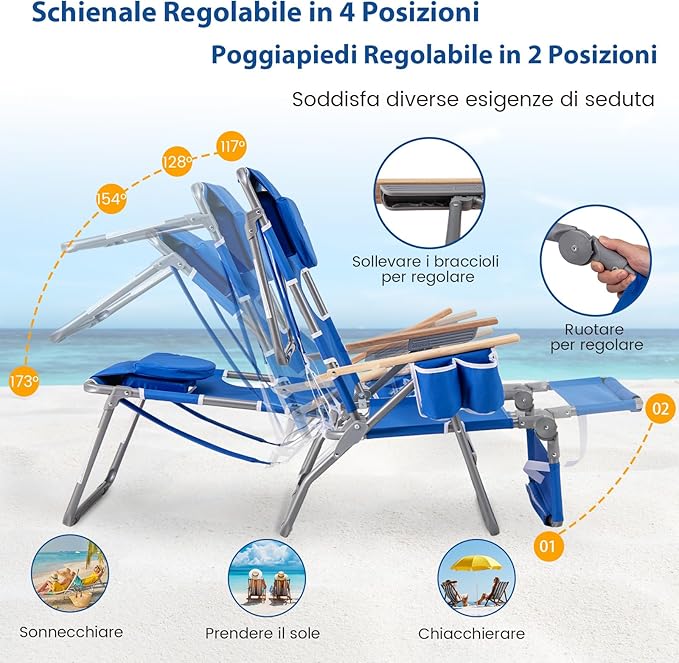 Sedia da Spiaggia Pieghevole 3 in 1, con Foro per il Viso, Poggiapiedi, Schienale Regolabile, Cuscino, Poltrona Prendisole per Spiaggia, Campeggio, Bordo, Piscina, Portata 150 kg (Blu)