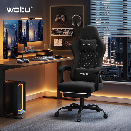 Sedia Gaming con Massaggio, Sedia da Ufficio Ergonomica Girevole Ampia Imbottita per Computer con Cuscino Lombare Massaggiante, Carico 150 Kg, Tessuto Tecnologico, Nero+Bianco