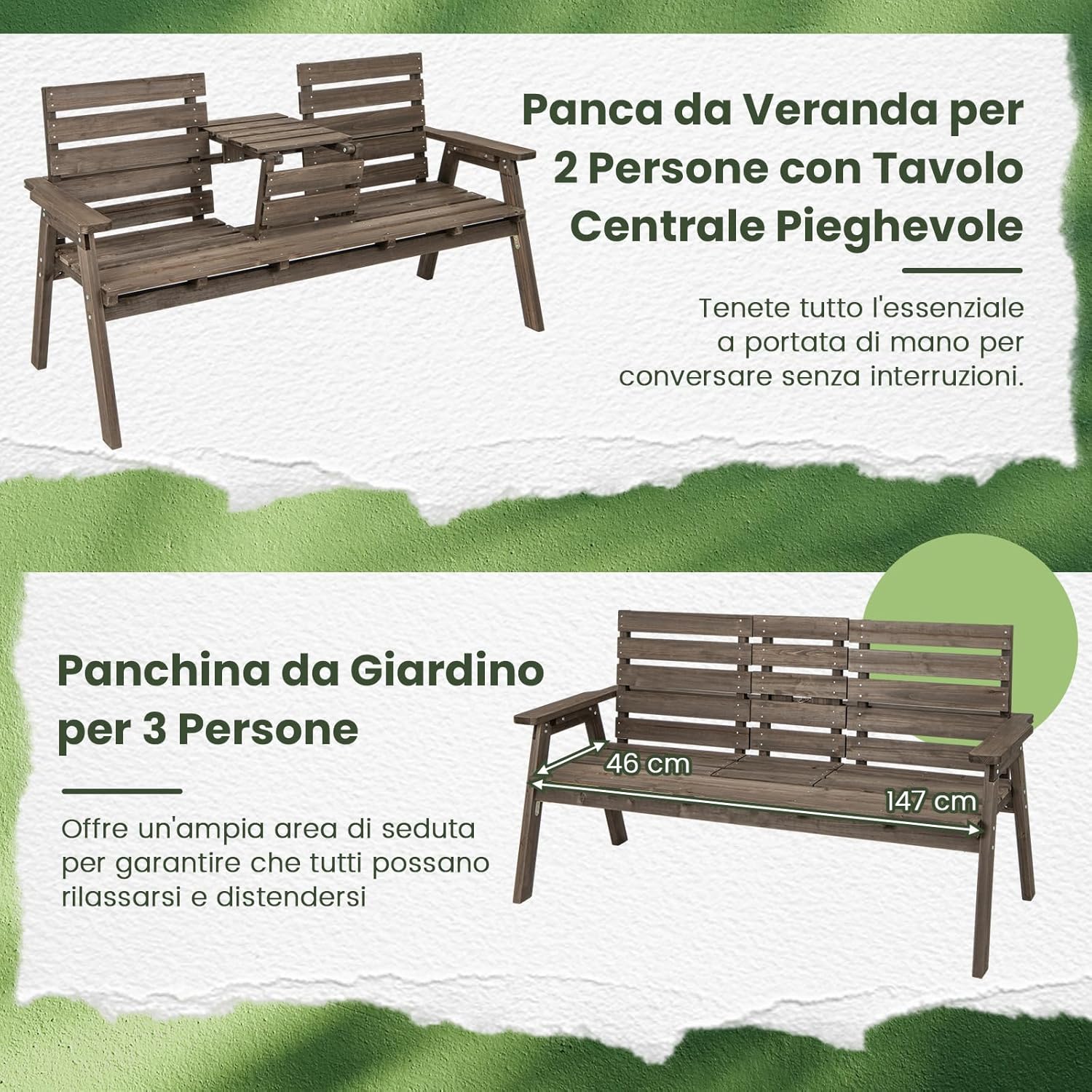 Panchina da Giardino in Legno, Panca Abete 2 o 3 Posti, 160 x 64 x 86 cm, Tavolino Convertibile in Seduta, Panca per Veranda, con Schienale, Braccioli, Portata 300 kg