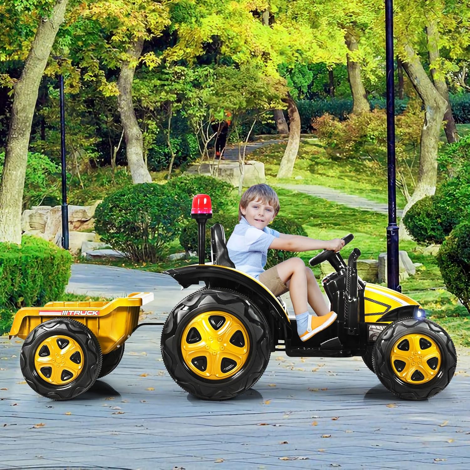 Trattore Elettrico per Bambini con Rimorchio, 2 in 1 Go Kart e Trattore per Bambini 3-8 Anni, con Telecomando e Cintura di Sicurezza a 2 Punti (Giallo)