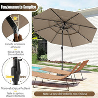 Ombrellone da Patio 313 cm con 32 Luci LED, Tetto Ventilato a 3 Piani, Inclinazioni Regolabili, Manovella, 8 Stecche, Ombrellone da Giardino, Piscina, Spiaggia