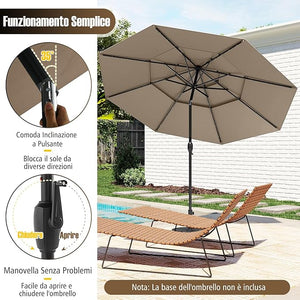 Ombrellone da Patio 313 cm con 32 Luci LED, Tetto Ventilato a 3 Piani, Inclinazioni Regolabili, Manovella, 8 Stecche, Ombrellone da Giardino, Piscina, Spiaggia